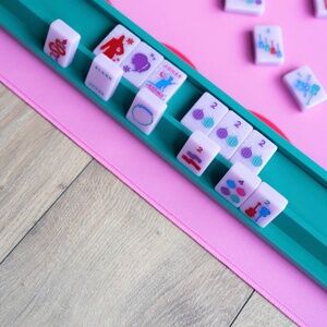 NIB Gorgeous Peace Love Mahjong set of 4 Aqua Racks and Pushers